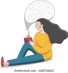 A young woman writing in her notebook. A girl sitting and taking notes. Vector illustration of a storytelling. 