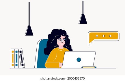 Young woman writing a message on a laptop. A woman works while sitting at the table. Flat style design.