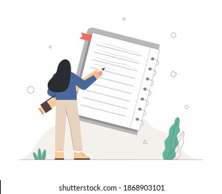 Young woman writing in notebook, take notes with giant pencil. Flat style vector illustration. The concept of successful completion of tasks, effective daily planning and time management.