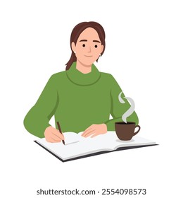 Young woman Writing notes and story concept. Flat vector illustration isolated on white background