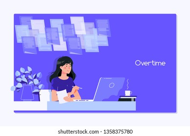 A young woman writing while sitting in her office at night.Working late, overtime office work and computer worker nights.Vector illustration