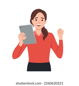 Young woman wxcited celebrating using mobile phone or tablet or gadget. Flat vector illustration isolated on white background