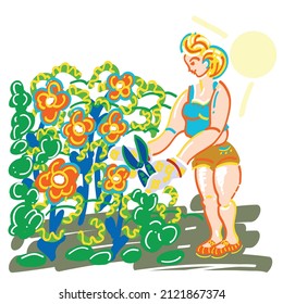 Young woman in the yard gardening.
illustration of plants and flowers in garden.
