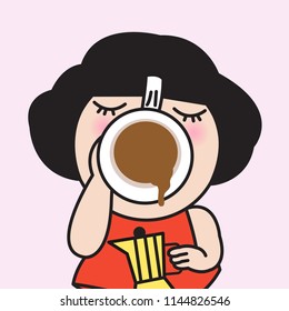 Young Woman Yawning With Coffee Cup Shaped Open Mouth. Concept Of Tired Exhausted Sleepyhead Drinking Coffee Card Character illustration