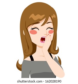 Young woman yawning covering mouth by hand with eyes closed