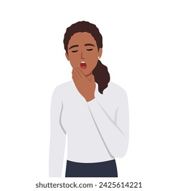 Young woman yawning covering mouth by hand with eyes closed. Flat vector illustration isolated on white background