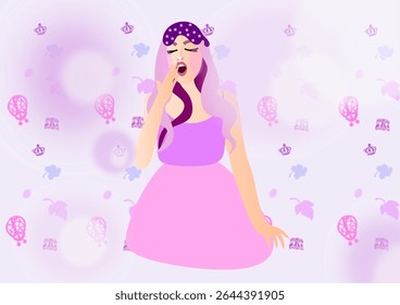 Jovem bocejando, ela está usando óculos de dormir, se preparando para a cama, humor sonolento, fundo papel de parede de folhas, máscara, bug, coroa