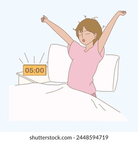 Young woman yawning, sitting, stretching, raising hands on bed. Happy girl awaking in good mood. Alarm clock beside. Hand drawn flat cartoon character vector illustration.