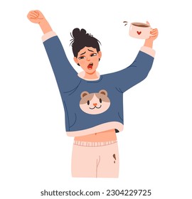 La joven mujer bostece y se estira. Rutina matutina. Una chica bebe café en pijamas. Ilustración vectorial de dibujos animados planos.