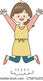 Young Woman In Yellow Apron Jumping In Air