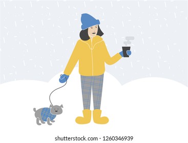 young woman in a yellow jacket walking with a dog and a cup of coffee in the winter under falling snow vector illustration