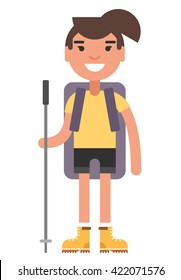 Young woman in yellow shirt and boots with backpack and hiking pole. Coloured flat vector illustration isolated on white background 
