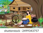 A young woman in a yellow shirt sits spinning cotton under a big tree while her father is cutting firewood in front of a straw hut.vector design