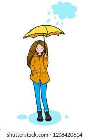 Young woman in a yellow slicker is enjoying rainy weather. Vector illustration.
