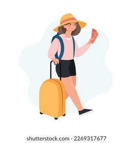 Young Woman with a yellow suitcase goes on vacation. Girl with a luggage and boarding pass tickets. Travel concept, flat vector illustration