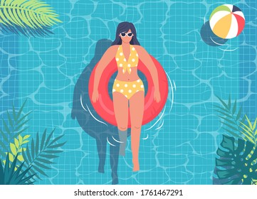 
Young woman in yellow swimsuit lying on red lifebuoy in blue pool cartoon illustration