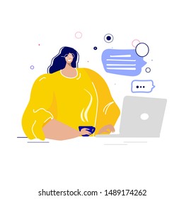 Young woman in yellow in virtual chat and correspondence. Conversation between people through network on the laptop. Involved in online communication. Digital technologies. Flat vector illustration