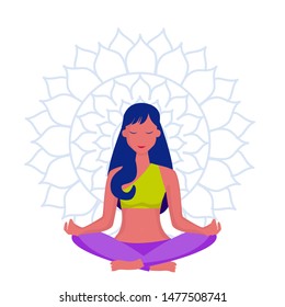 Young woman in yoga lotus practices meditation. Yoga. Vector illustration. 
