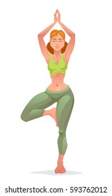 Young woman in yoga pose. Cartoon fitness character. Decorative Isolated vector illustration on pink background.