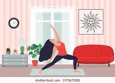 Young Woman in yoga pose. Girl doing exercise, meditation in Viparita Virabhadrasana, Reverse Warrior pose. Living room of sofa, nightstand, torchere, window, plant. Flat vector sketch illustration