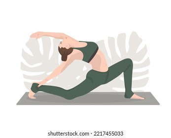 Young woman yoga pose. Meditation, health benefits for the body, mind and emotions. inception. Vector yoga illustration in flat style. Asana with plants, green pastel color