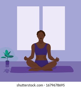 A young woman in Yoga pose on blue background. Relax and meditate. Healthy lifestyle. Balance training. Women silhouette. Collection of yoga poses. Vector illustration.