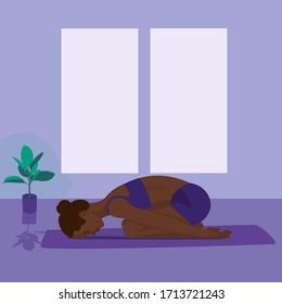 A young woman in Yoga pose on blue background. Relax and meditate. Healthy lifestyle. Balance training. Women silhouette. Collection of yoga poses. Vector illustration.