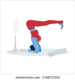 Young woman in yoga pose on floor. Spiritual practice, yoga and breathing exercise. Flat cartoon vector illustration.