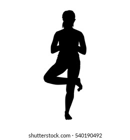 Young woman in yoga pose vector silhouette illustration isolated on white background. Candle pose standing. Young woman exercises yoga. Zen, mantra, wellness.