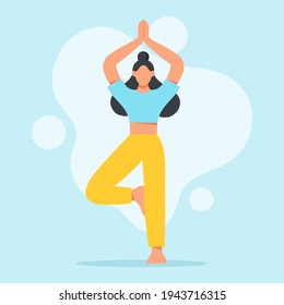 Young woman in yoga position. Physical and spiritual practice. The concept of yoga, meditation and relax. Health benefits for the body, mind and emotions. Flat vector illustration.