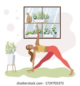 Young woman in yoga posture and meditating. Yoga at home, spiritual practice and breathing exercise. Vector illustration in cartoon style.