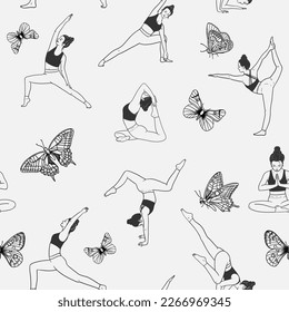 Young woman in yoga postures, asanas and butterflies. Vector hand drawn outline illustrations