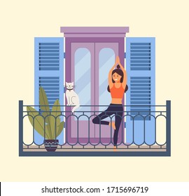 Young woman in yoga tree pose on the balcony. Vector flat illustration