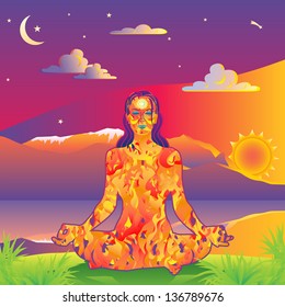 Young woman yogini made of fire meditates by a scenic lake and mountains landscape vector illustration