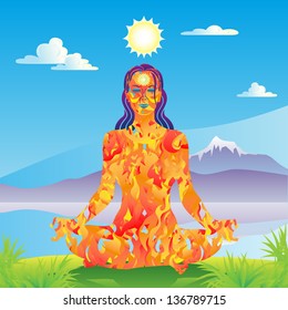 Young woman yogini made of fire meditates by a scenic lake and mountains landscape vector illustration