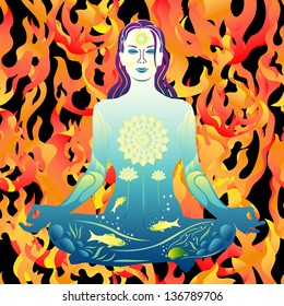 Young woman yogini meditates on burning fire background vector illustration
