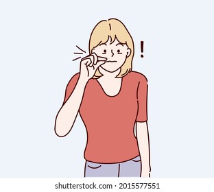 Young woman zips her mouth shut, promises to keep secret. Silence and secret concept. Hand drawn in thin line style, vector illustrations.