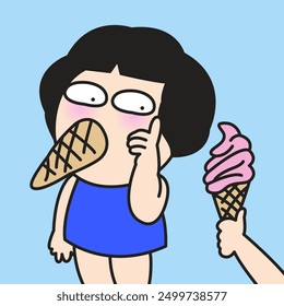 Young Womand Satisfying Eating Crunchy Ice-cream Cone Just Need One More Concept Card Character illustration