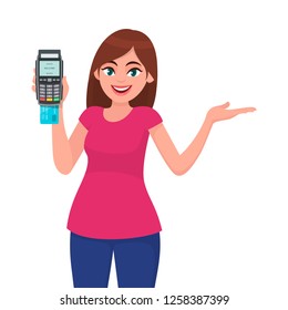Young woman/girl showing pos terminal or credit/debit cards swiping machine and gesture hand to copy space side away. Wireless modern bank payment concept illustration in vector cartoon style.
