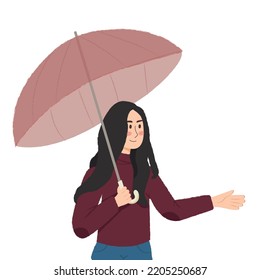 Young woman,girl with an umbrella. . Woman in burgundy sweater under an pink umbrella.