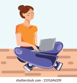 Young woman,girl working on laptop computer while sitting on the floor with legs crossed vector flat illustration. Person working or studying at home.Freelancer girl with laptop.