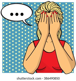 Young woman,lady with palms on her face. Crying girl in red dress. Emotion, logo, image. Vector illustration. Pop art comics style