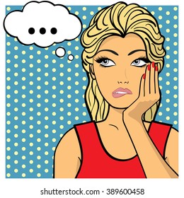 Young woman,lady shows dreaminess, muse. Emotion, logo. Vector illustration. Pop art comic style