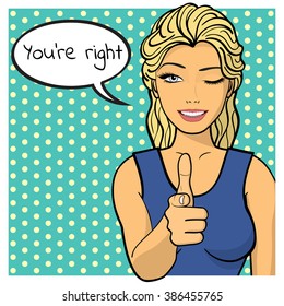 Young woman,lady shows you're right sign. Vector illustration. Emotions, logo, image.