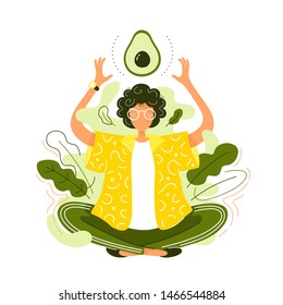 Young woman,lotus yoga pose meditate,avocado.Vector cartoon character illustration icon design. Isolated on white background.Eat healthy food,vegan woman slim body,well,vegetable,cartoon logo concept