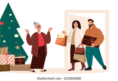 Young Woman,Man,Couple came to Old Aged Woman,Christmas shopping bags,gifts,purchases.Christmas Celebrating.New Year together.Decorated Christmas Tree,Family winter holiday.Flat vector illustration