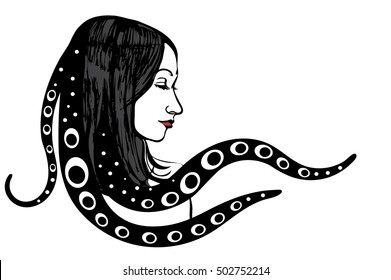 Young woman-mermaid. Tentacles of an octopus. Vector Illustration of monster girl. Fantastic portrait in vintage style for tattoo, sticker, print and decorations. Hand drawn sea creature.