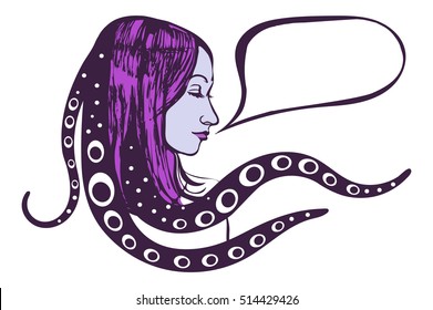 Young woman-mermaid. Tentacles of an octopus. Vector Illustration of monster girl with speech bubble. Fantastic portrait in vintage style for tattoo, sticker, print and decorations. 