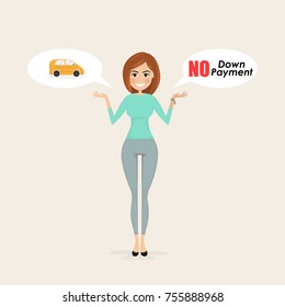 Young woman,Pretty girl with small car sign and bubble speech.Woman making a presentation for Vehicle loan promotion.Transport concept.Smart life & Work life balance concept.Vector illustration.