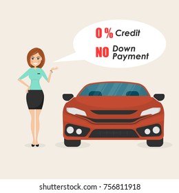 Young woman,Pretty girl with sport car on background.Woman making a presentation for Vehicle loan promotion.Transport concept.Smart life & Work life balance concept.Vector illustration.
